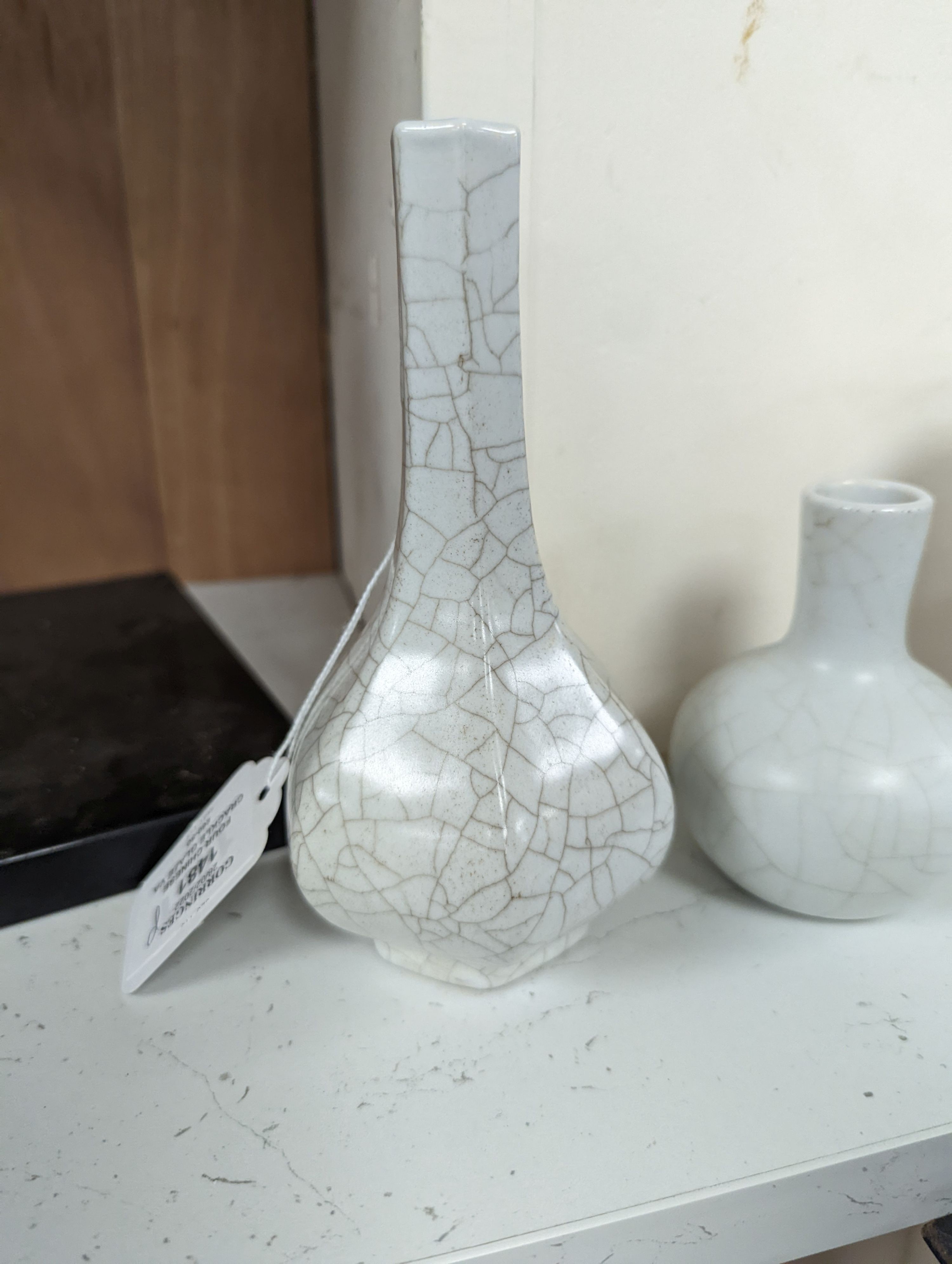 Four Chinese crackle glaze vases, tallest 16 cms high.